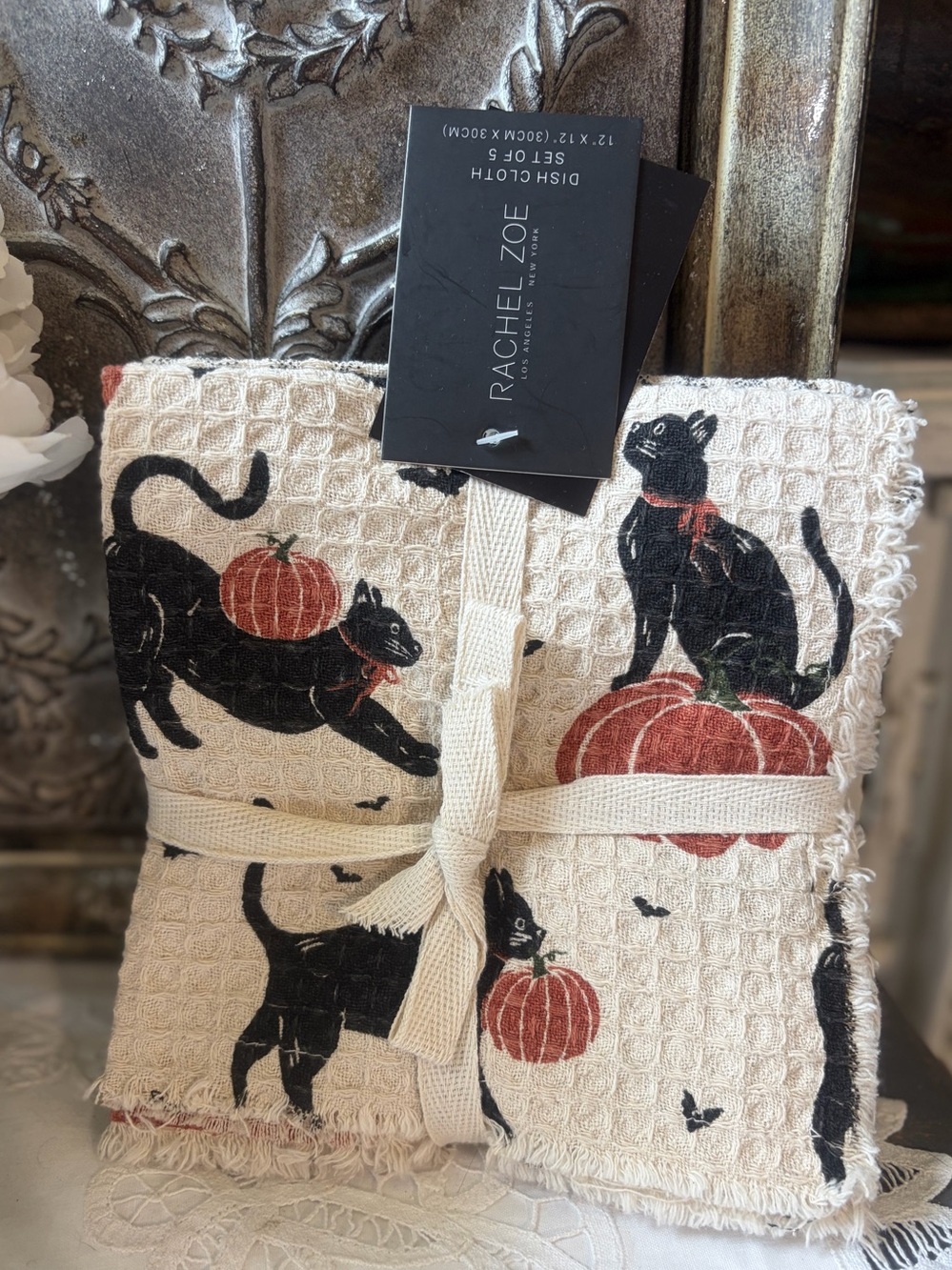 Rachel Zoe Cream Waffle Weave Dish Cloths Black Cat & Orange Pumpkin Print